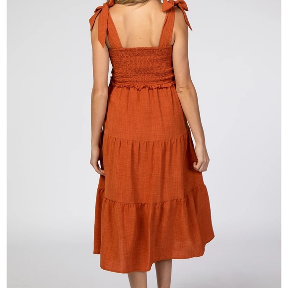 Rust Bow Strap Tiered Maternity Midi Dress - Picture 3 of 7